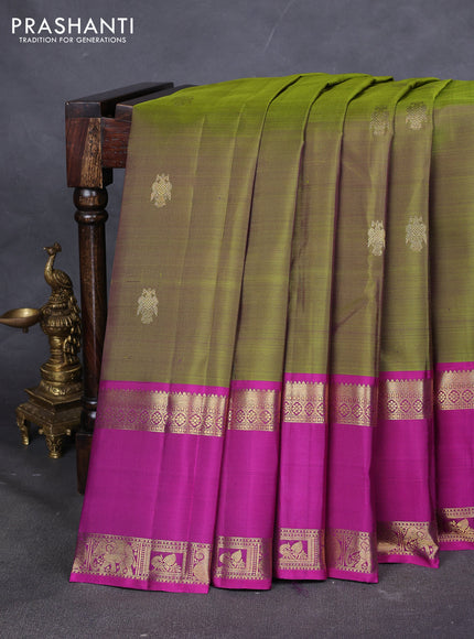 Pure kanchipuram silk saree mehendi green and purple with zari woven buttas and long rettapet zari woven border