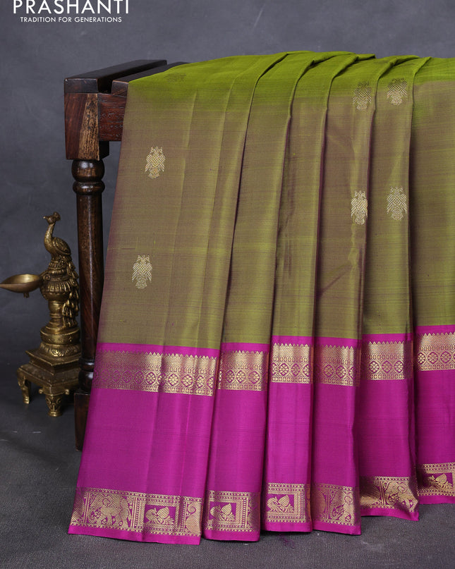 Pure kanchipuram silk saree mehendi green and purple with zari woven buttas and long rettapet zari woven border