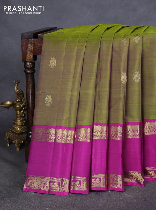 Pure kanchipuram silk saree mehendi green and purple with zari woven buttas and long rettapet zari woven border