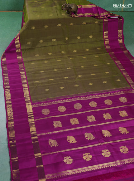 Pure kanchipuram silk saree mehendi green and purple with zari woven buttas and long rettapet zari woven border