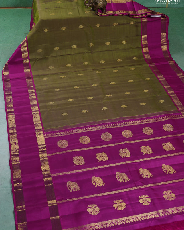 Pure kanchipuram silk saree mehendi green and purple with zari woven buttas and long rettapet zari woven border