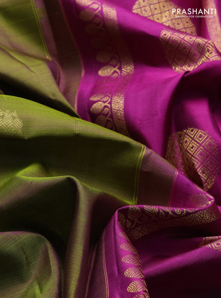 Pure kanchipuram silk saree mehendi green and purple with zari woven buttas and long rettapet zari woven border