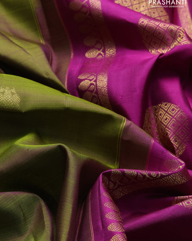 Pure kanchipuram silk saree mehendi green and purple with zari woven buttas and long rettapet zari woven border