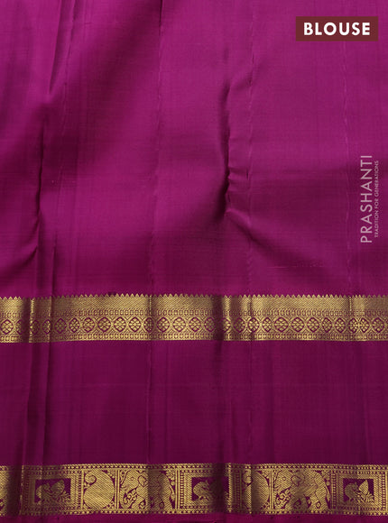 Pure kanchipuram silk saree mehendi green and purple with zari woven buttas and long rettapet zari woven border
