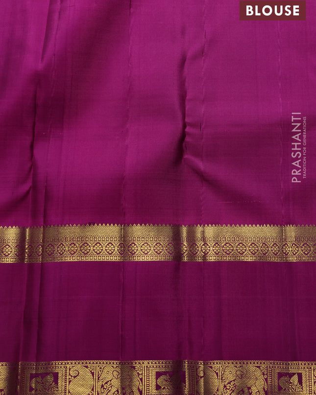Pure kanchipuram silk saree mehendi green and purple with zari woven buttas and long rettapet zari woven border