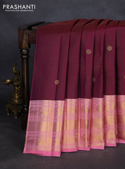 Pure kanchipuram silk saree wine shade and peach pink with allover vairaosi pattern & zari buttas and long rich zari woven border