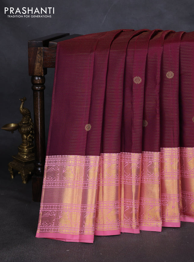 Pure kanchipuram silk saree wine shade and peach pink with allover vairaosi pattern & zari buttas and long rich zari woven border