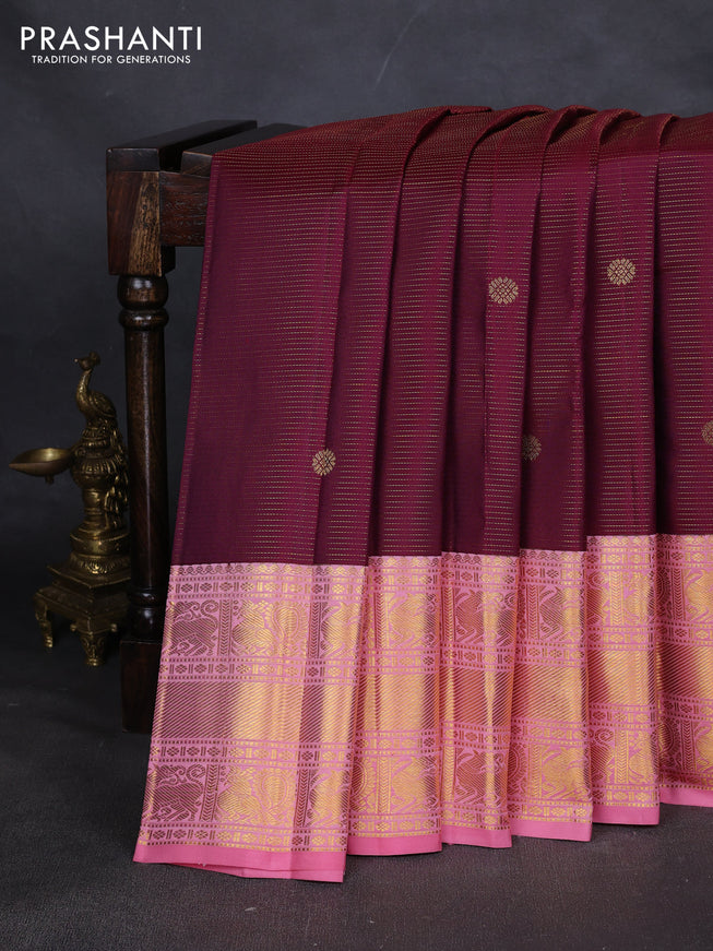 Pure kanchipuram silk saree wine shade and peach pink with allover vairaosi pattern & zari buttas and long rich zari woven border