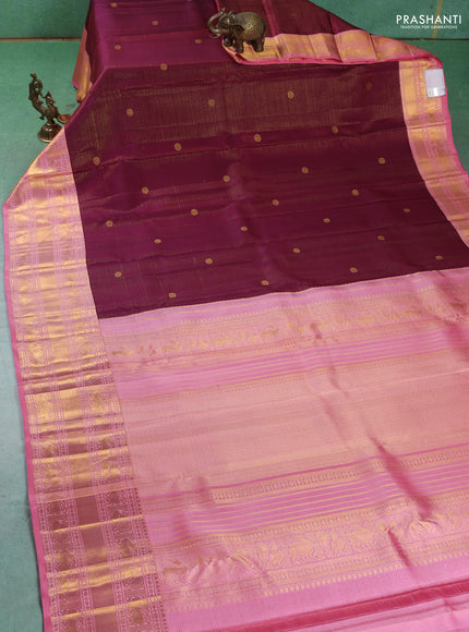 Pure kanchipuram silk saree wine shade and peach pink with allover vairaosi pattern & zari buttas and long rich zari woven border