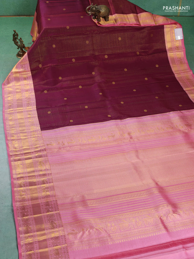 Pure kanchipuram silk saree wine shade and peach pink with allover vairaosi pattern & zari buttas and long rich zari woven border