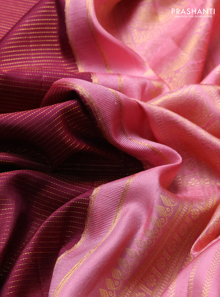 Pure kanchipuram silk saree wine shade and peach pink with allover vairaosi pattern & zari buttas and long rich zari woven border