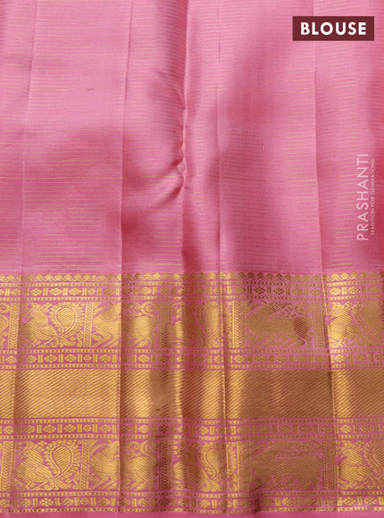Pure kanchipuram silk saree wine shade and peach pink with allover vairaosi pattern & zari buttas and long rich zari woven border
