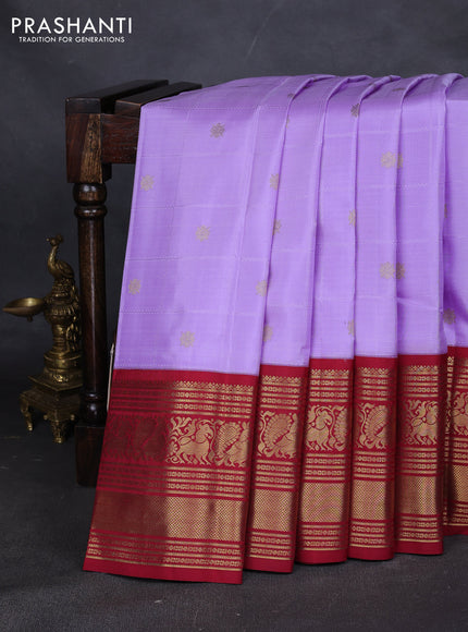 Pure kanchipuram silk saree lavender and maroon with allover self emboss & zari buttas and long rich zari woven korvai border