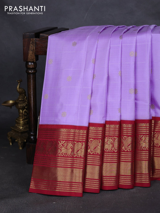 Pure kanchipuram silk saree lavender and maroon with allover self emboss & zari buttas and long rich zari woven korvai border