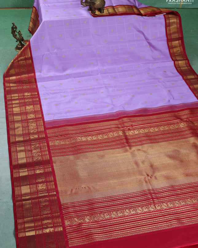 Pure kanchipuram silk saree lavender and maroon with allover self emboss & zari buttas and long rich zari woven korvai border