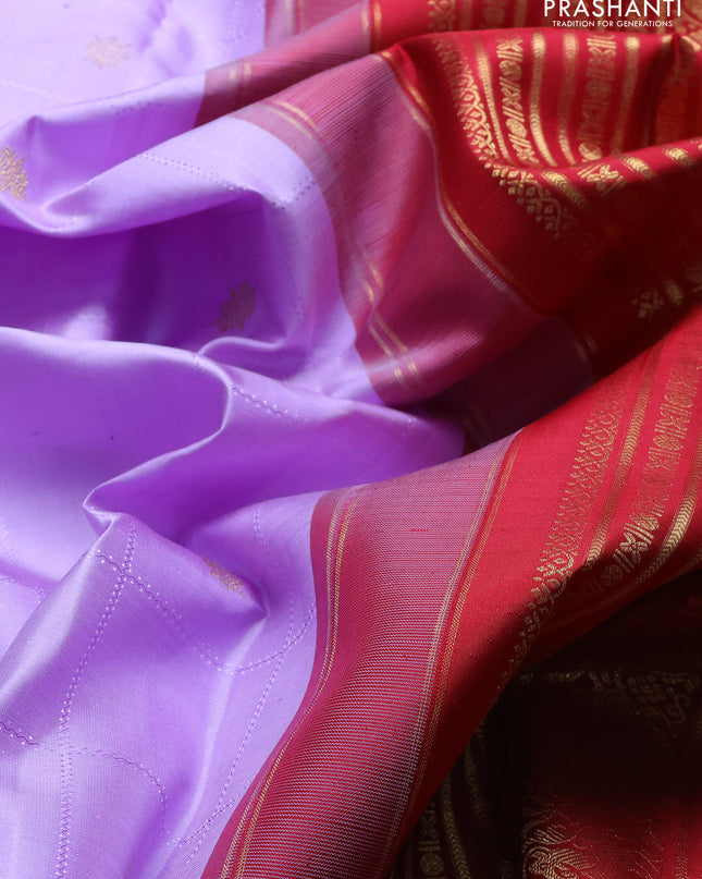 Pure kanchipuram silk saree lavender and maroon with allover self emboss & zari buttas and long rich zari woven korvai border