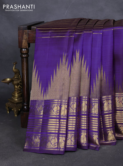 Pure kanchipuram silk saree violet with allover zari weaves and long temple design zari woven border