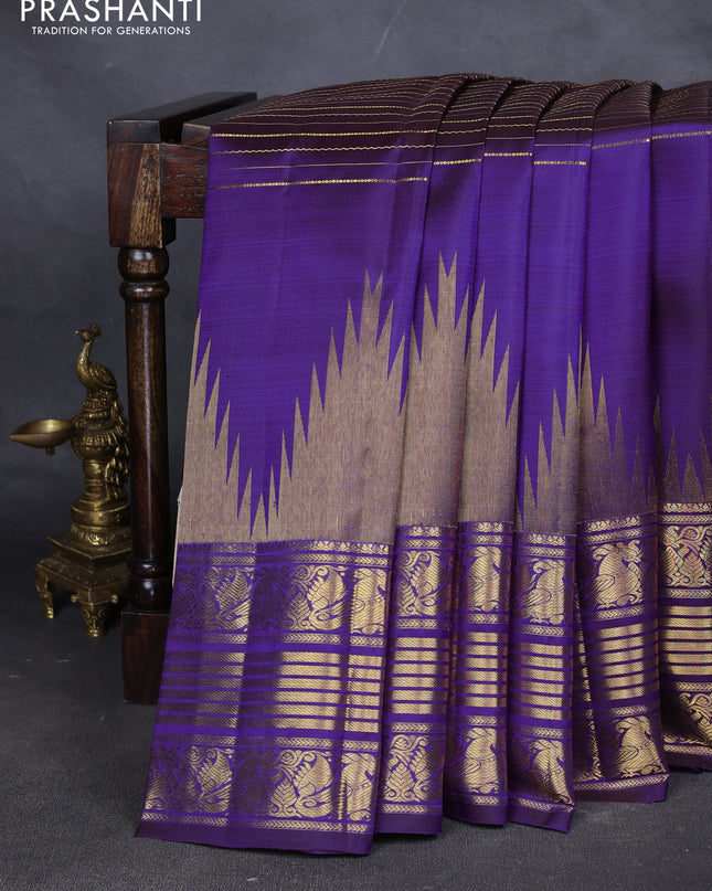 Pure kanchipuram silk saree violet with allover zari weaves and long temple design zari woven border
