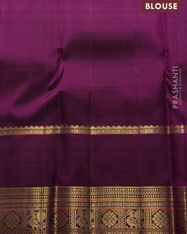 Pure kanchipuram silk saree cream and purple with zari woven buttas and long rich zari woven korvai border