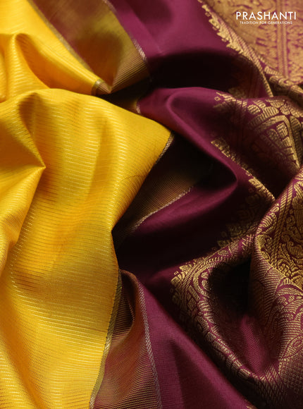 Pure kanchipuram silk saree yellow and wine shade with allover vairaosi pattern and long rich zari woven korvai border