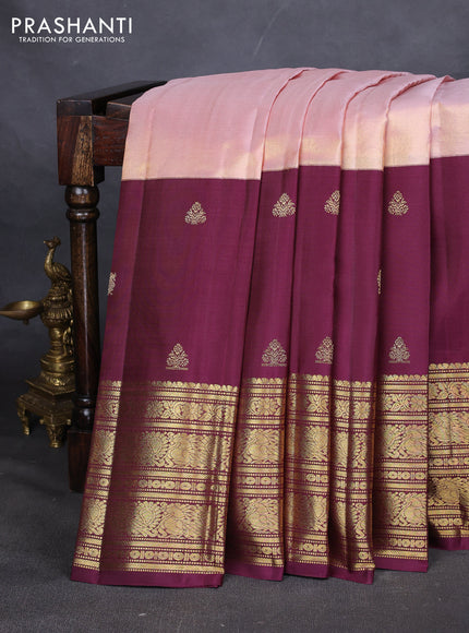 Pure kanchipuram tissue silk saree mild peach and wine shade with plain body and long zari woven korvai border