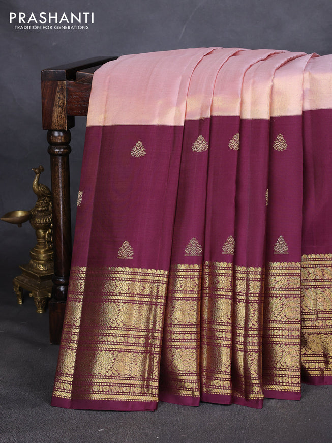 Pure kanchipuram tissue silk saree mild peach and wine shade with plain body and long zari woven korvai border