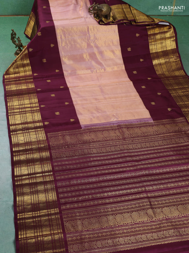 Pure kanchipuram tissue silk saree mild peach and wine shade with plain body and long zari woven korvai border