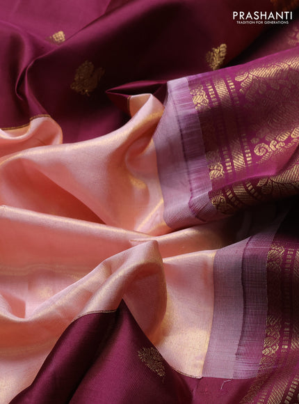 Pure kanchipuram tissue silk saree mild peach and wine shade with plain body and long zari woven korvai border