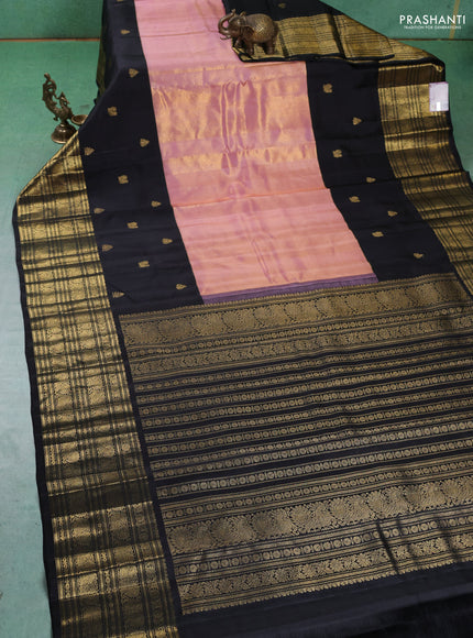 Pure kanchipuram tissue silk saree mild peach pink and black with plain body and long zari woven korvai border