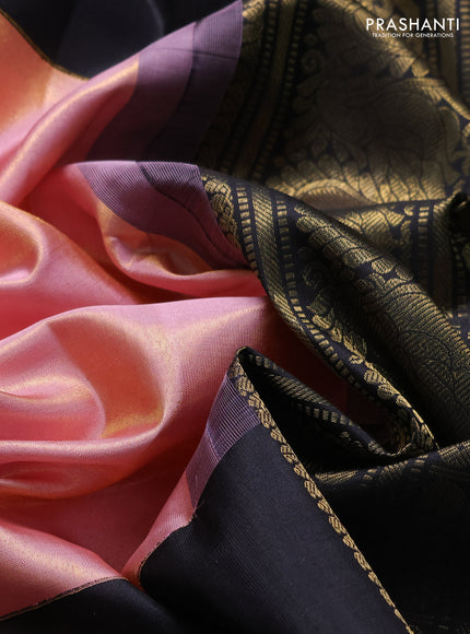 Pure kanchipuram tissue silk saree mild peach pink and black with plain body and long zari woven korvai border