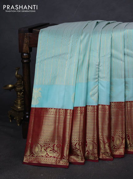 Pure kanchipuram silk saree teal blue and maroon with allover zari weaves and rich zari woven border