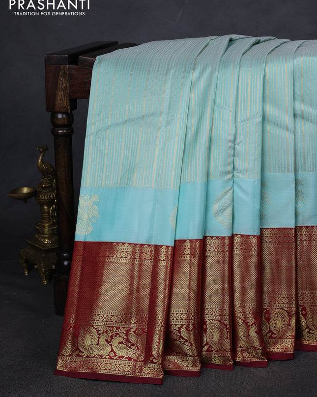 Pure kanchipuram silk saree teal blue and maroon with allover zari weaves and rich zari woven border