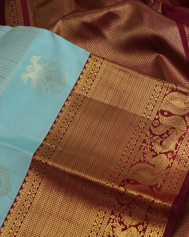 Pure kanchipuram silk saree teal blue and maroon with allover zari weaves and rich zari woven border