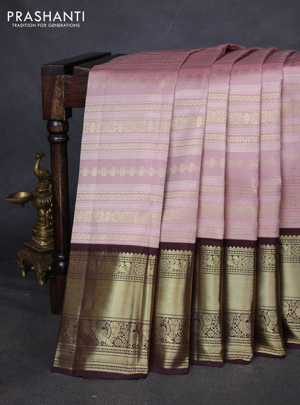 Pure kanchipuram silk saree pastel pink and coffee brown with allover self emboss and zari woven korvai border