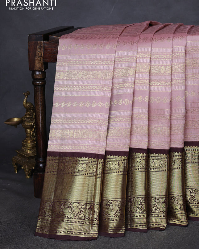 Pure kanchipuram silk saree pastel pink and coffee brown with allover self emboss and zari woven korvai border