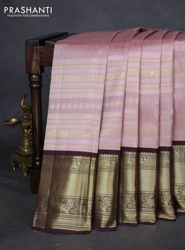Pure kanchipuram silk saree pastel pink and coffee brown with allover self emboss and zari woven korvai border