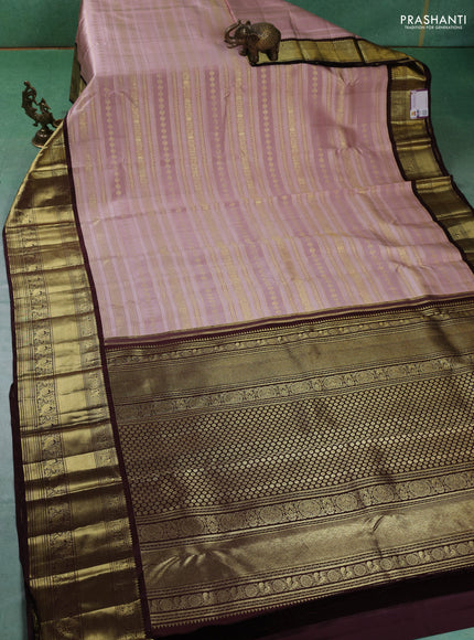 Pure kanchipuram silk saree pastel pink and coffee brown with allover self emboss and zari woven korvai border