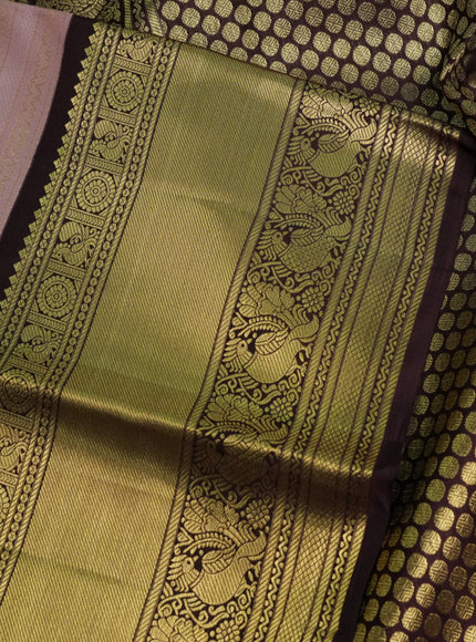 Pure kanchipuram silk saree pastel pink and coffee brown with allover self emboss and zari woven korvai border