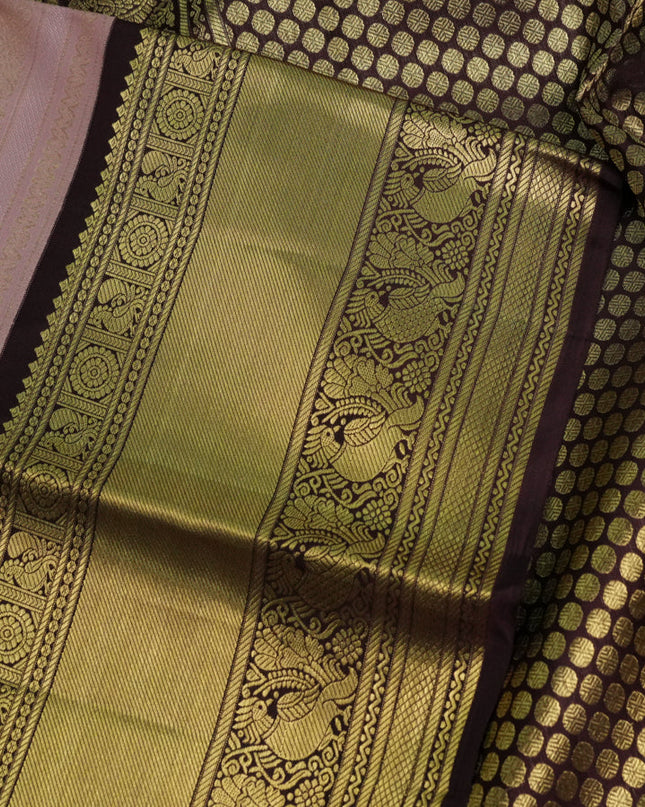 Pure kanchipuram silk saree pastel pink and coffee brown with allover self emboss and zari woven korvai border
