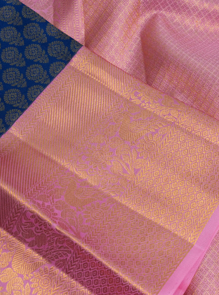 Pure kanchipuram silk saree peacock blue and peach pink with allover zari woven butta weaves and zari woven border