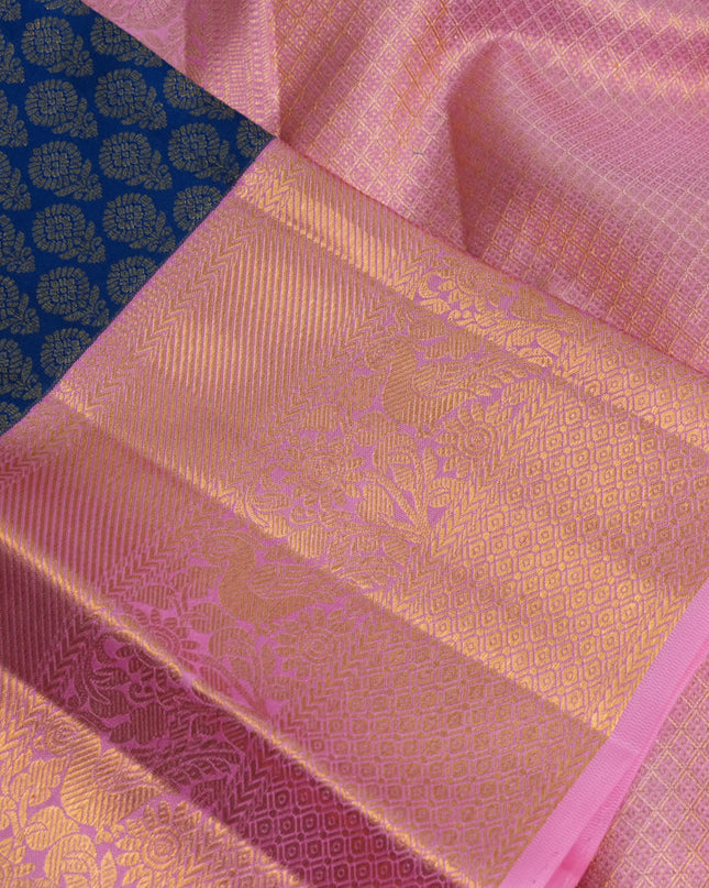 Pure kanchipuram silk saree peacock blue and peach pink with allover zari woven butta weaves and zari woven border