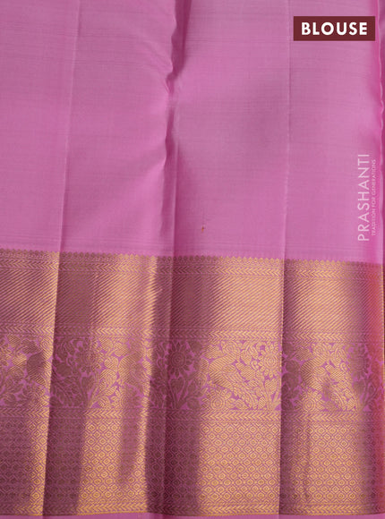 Pure kanchipuram silk saree peacock blue and peach pink with allover zari woven butta weaves and zari woven border
