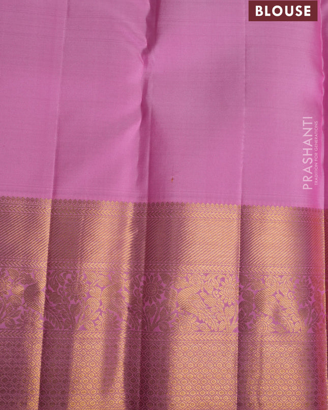 Pure kanchipuram silk saree peacock blue and peach pink with allover zari woven butta weaves and zari woven border