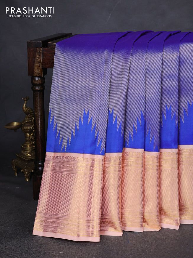 Pure kanchipuram silk saree royal blue and pale orange with allover zari weaves and zari woven korvai border