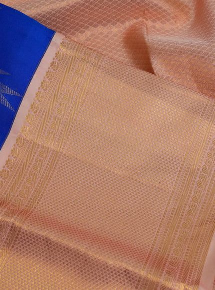 Pure kanchipuram silk saree royal blue and pale orange with allover zari weaves and zari woven korvai border