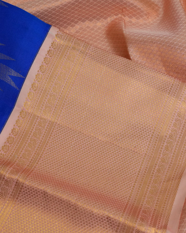 Pure kanchipuram silk saree royal blue and pale orange with allover zari weaves and zari woven korvai border