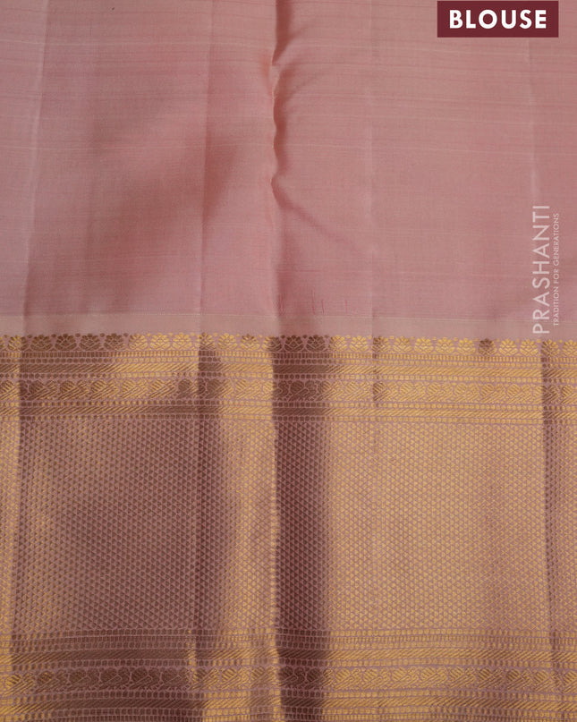 Pure kanchipuram silk saree royal blue and pale orange with allover zari weaves and zari woven korvai border