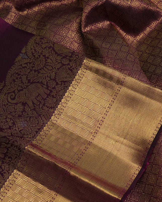 Pure kanchipuram silk saree dark magenta pink with zari woven buttas and long zari woven border