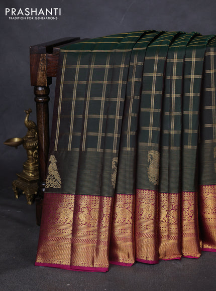Pure kanchipuram silk saree dark green and magenta pink with allover zari checked pattern and zari woven border
