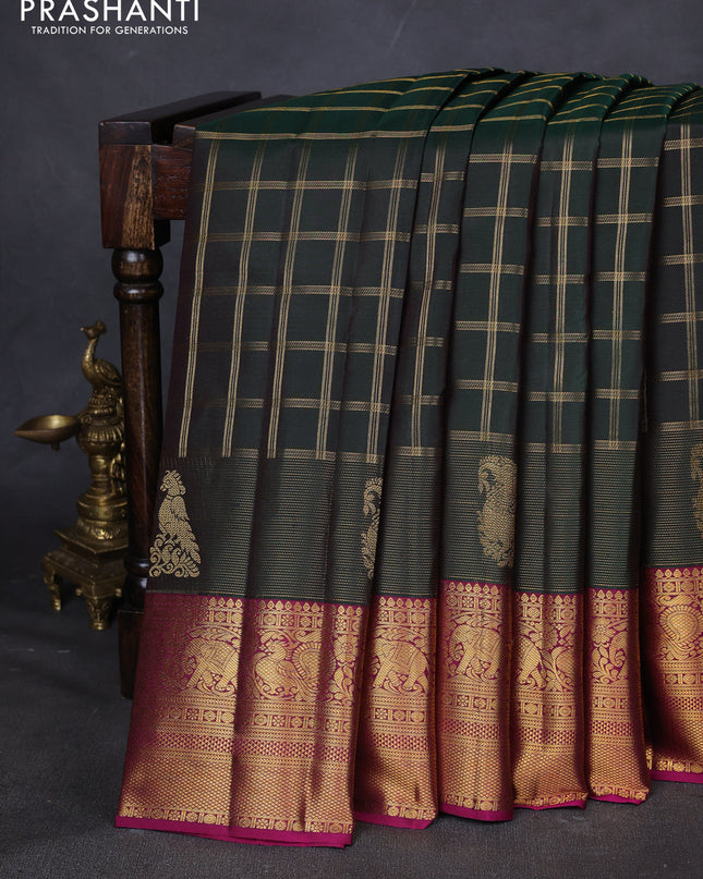 Pure kanchipuram silk saree dark green and magenta pink with allover zari checked pattern and zari woven border